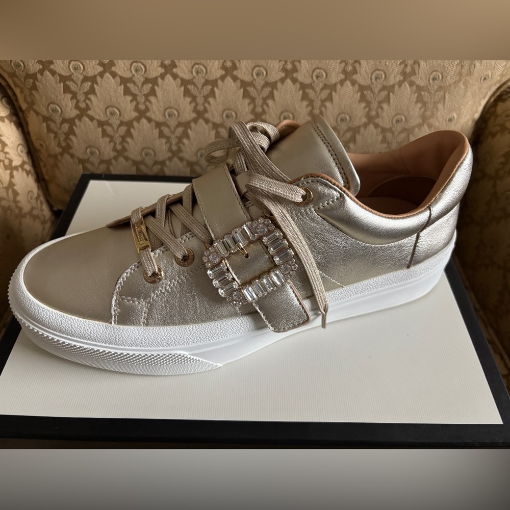 J/Slides Gold Metallic Leather Sneaker with buckle Size 10